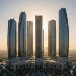 Panorama Etihad Towers Abu Dhabi saat matahari terbenam.
