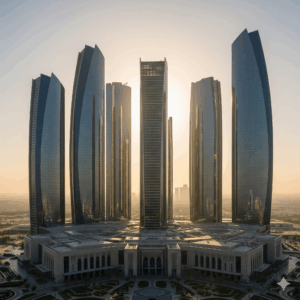 Panorama Etihad Towers Abu Dhabi saat matahari terbenam.