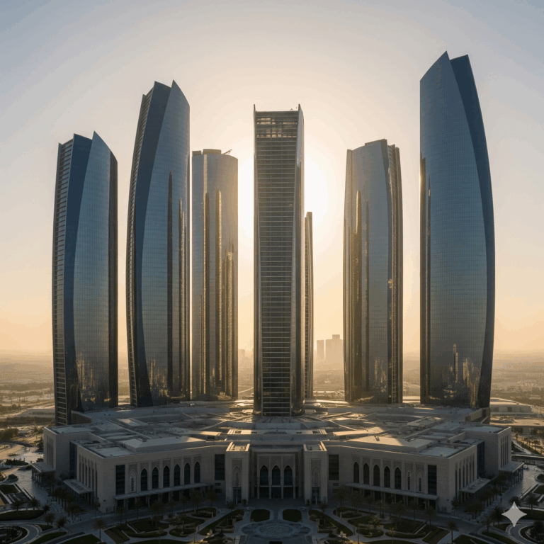 Panorama Etihad Towers Abu Dhabi saat matahari terbenam.