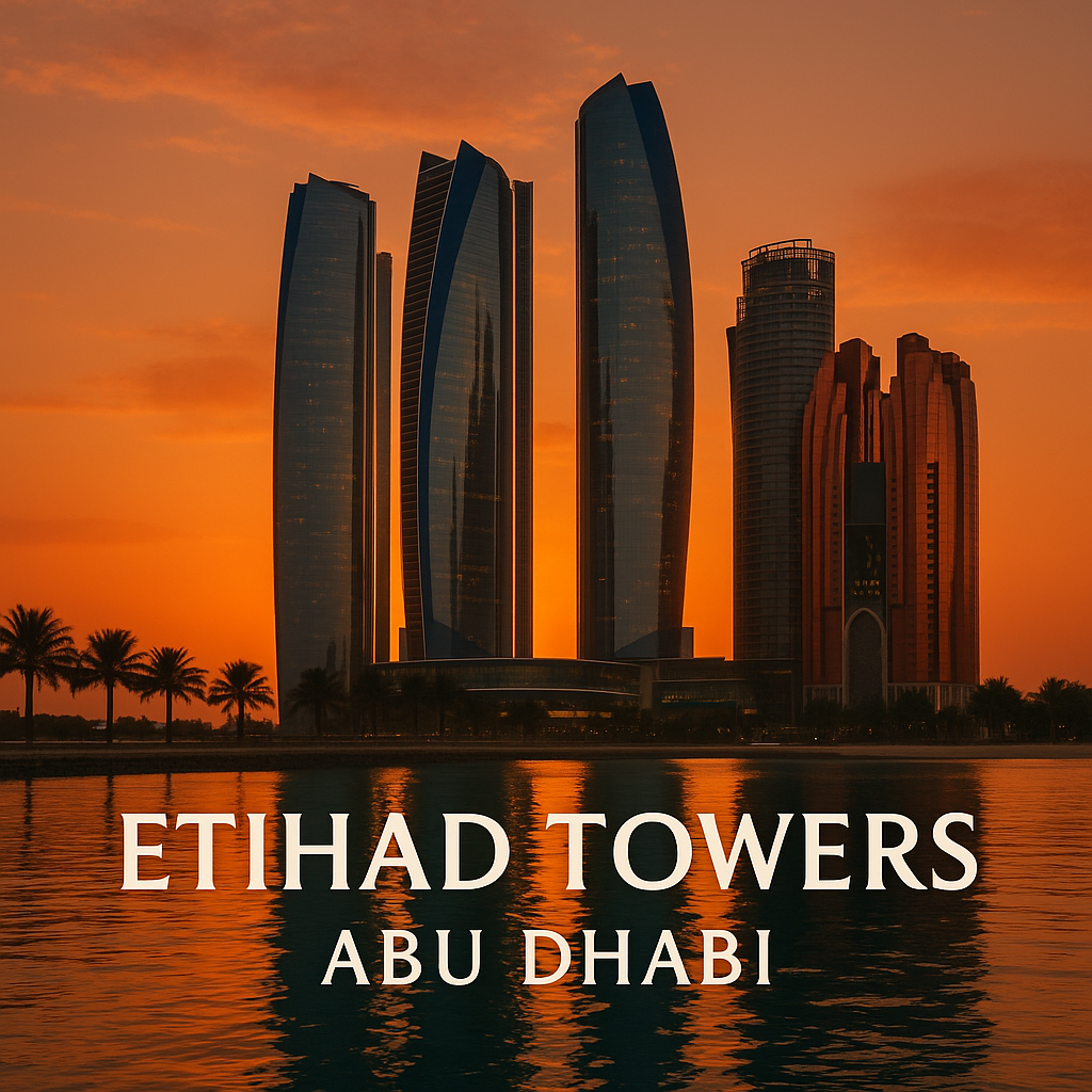 Etihad Towers Abu Dhabi saat matahari terbenam dengan tulisan Etihad Towers Abu Dhabi