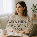 Seorang wanita muda duduk di ruang tamu modern dengan cahaya alami, membaca buku sambil ditemani laptop dan secangkir kopi, menampilkan suasana gaya hidup modern tahun 2025.
