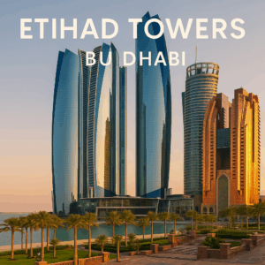 Pemandangan Etihad Towers Abu Dhabi saat senja dengan arsitektur kaca berkilau dan suasana elegan di tepi laut.