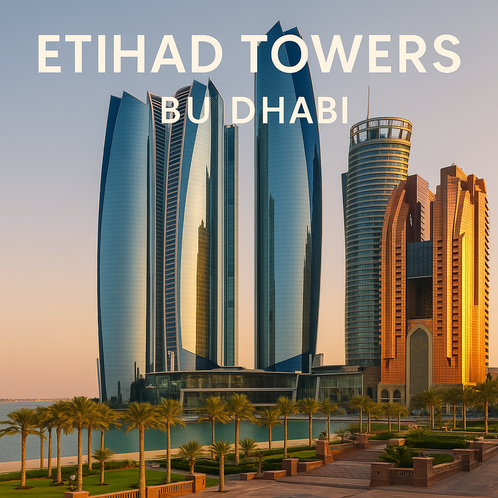 Pemandangan Etihad Towers Abu Dhabi saat senja dengan arsitektur kaca berkilau dan suasana elegan di tepi laut.