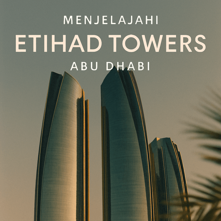 Low-angle editorial shot Etihad Towers Abu Dhabi dengan cahaya golden hour dan palm tree blur di foreground.
